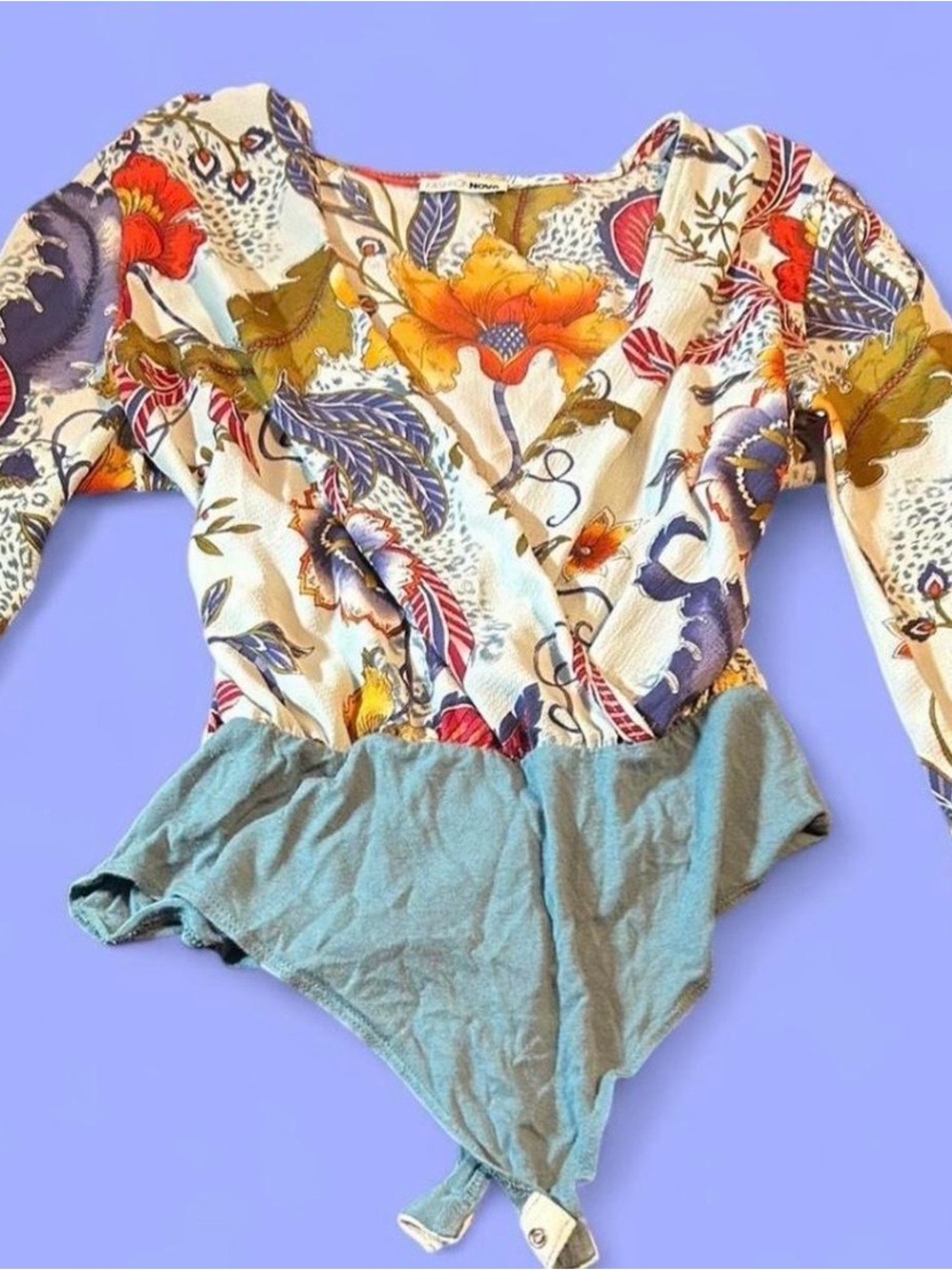 Fashion Nova Floral Wrap Bodysuit in Cream with Multicolor Print